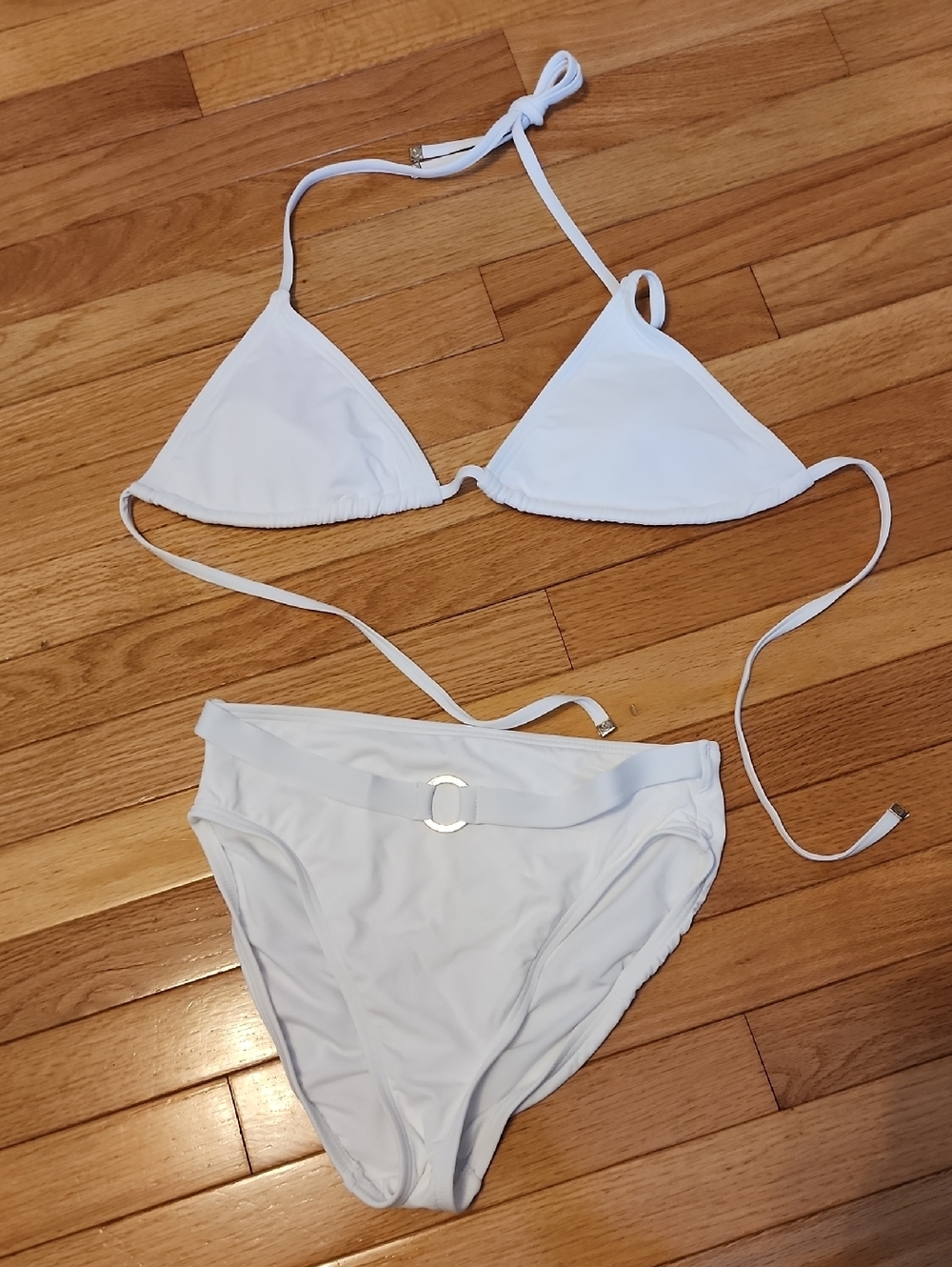 Michael Kors White Triangle Halter Bikini with Belt Accent